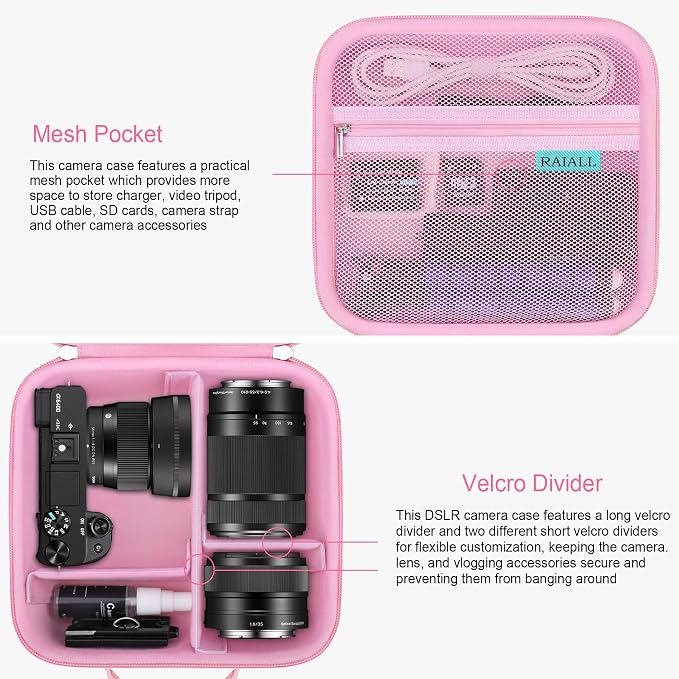 RAIALL Case for Sony Alpha ZV-E10/a6000/a6400/a6700/7 II IV Camera, Pink | for a6100/a6600/ZV-E10 II/ZV E1 Mirrorless Digital Camera and Lens, Hard Travel Bag with a Shoulder Strap and 3 Dividers - Image 4
