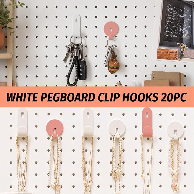 HUHOLE 20PC White Pegboard Clip Hooks for Thin Metal 1/4 Inch Pegboard | Picture Hangers with 10 lb Capacity, 10 Round and 10 Angled Peg Hooks for Jewelry, Crafts and Small Accessories - Image 3