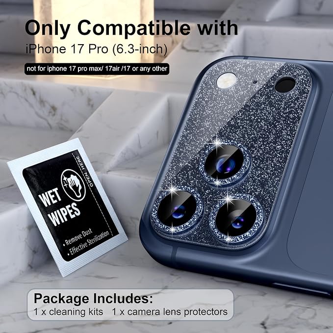Choiche for iPhone 17 Pro Camera Lens Protector, Glitter-Deep Blue | Bling Metal Camera Cover with 9H Tempered Glass Lens Screen Protector Accessories, Strong Adsorption, Case-Friendly, 6.3-inch - Image 2