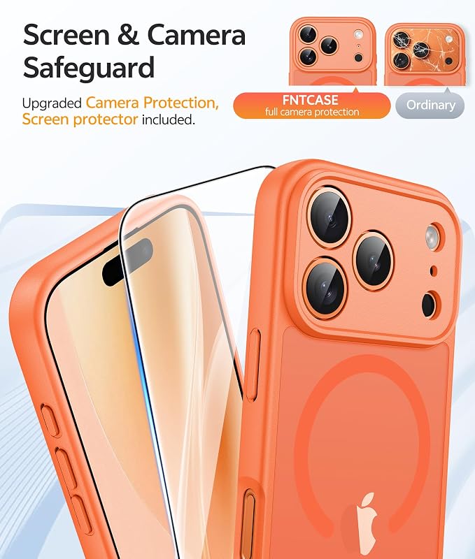 FNTCASE for iPhone 17 Pro Max Case, Fit for Magsafe, Screen Protector | Full Camera Protection, Translucent Matte, 14FT Military Grade Drop Proof, Shockproof Protective Phone Cover, Orange - Image 4