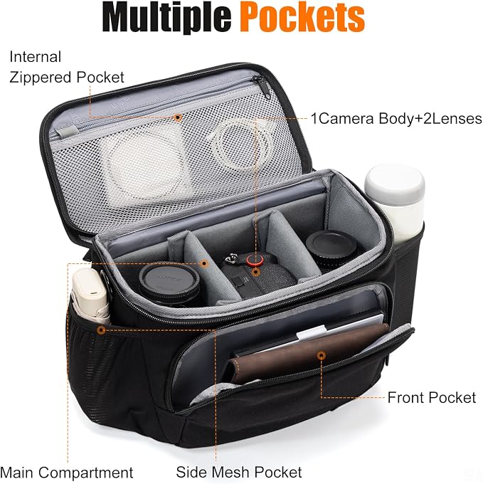 Cwatcun Large Camera Sling Bag, Crossbody Case with Rain Cover | Fits 1DSLR+2 lenses+9.6" iPad+tripod. 18mm EPE foam, Tripodholder included, adj strap 16.9-29.5", luggage strap. - Image 2