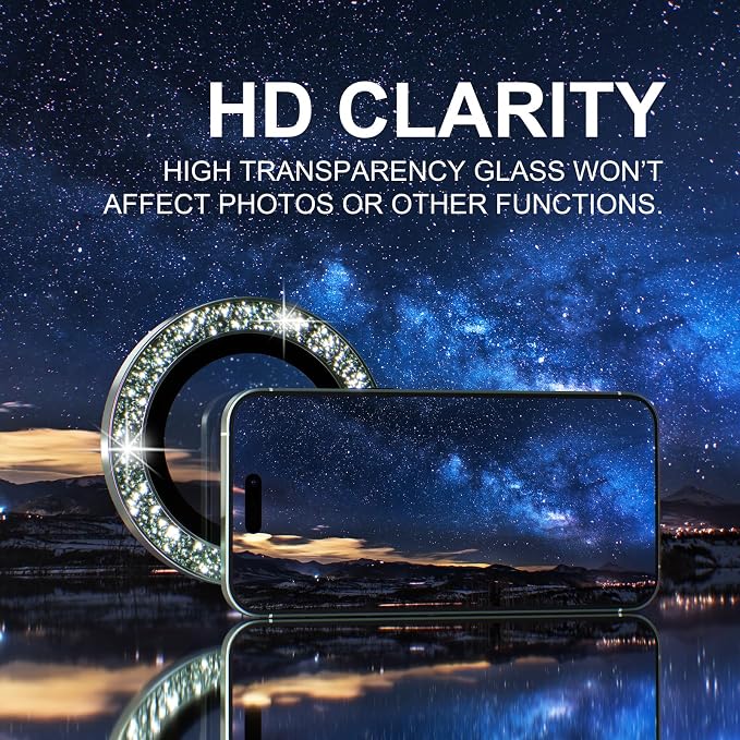 Choiche for iPhone 15/15 Plus Camera Lens Protector Bling, Glitter-Green | Ultra HD, 9H Tempered Glass Camera Cover Screen Protector Metal Individual Ring Decoration Accessories, 2-Lens, 6.1/6.7-inch - Image 5