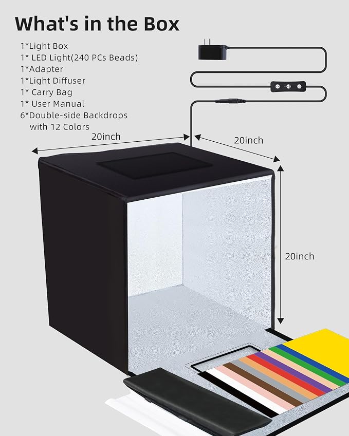 Glendan 20"x20" Light Box Photography, Large Photo Light Box | 240 LED Dimmable LED Lights, CRI >95 - Folding Photo Box with 12 Color Backdrops for Jewelry Food Electronics Product - Image 6