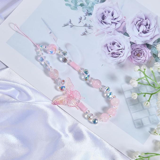 BEEFLYING Beaded Butterfly Phone Charm Wrist Strap for Case, Pink | Sparkling Y2K Cute Cellphone Chain, for Keychain Bag Camera Car Key Pendant - Image 3
