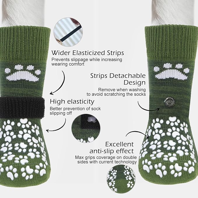 EXPAWLORER Anti Slip Dog Socks to Prevent Licking Paws, Shoes for Hot Pavement, Dog Booties for Small Medium Large Senior Dogs, Traction Control Boots & Paw Protectors for Hardwood Floors ArmyGreen - Image 2