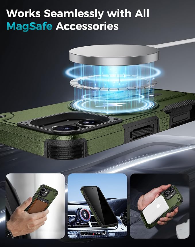 Goton 3 in 1 for iPhone 16 Case with Privacy Screen Protector Green | Glass Camera Lens Protector,Compatible for MagSafe,Invisible Kickstand, Shockproof Phone Cover for iPhone16 - Image 6