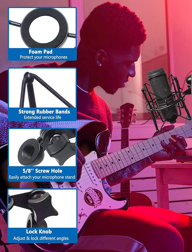 AT2020 Shock Mount Universal Microphone Holder Spider Recording Mic Shockmount Stand Compatible with Many Condenser Mics Like Rode NT1-A NT2-A Procaster MXL 990 770 U87 (Black) - Image 4