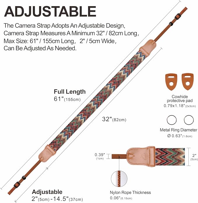 Padwa Lifestyle Camera Strap - 2" Cowhide Head Camera Straps for Photographers,Vintage Jacquard Embroidery Woven Cotton Adjustable Shoulder Neck Straps for Cameras,Binoculars（Cool Ethnic Style Waves） - Image 5
