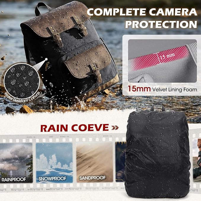 RAINSMORE Vintage Camera Bag with Side Access for DSLR/SLR Mirrorless | 25L Waterproof 15.6 Inch Laptop Photography Backpack with Rain Cover & Tripod Holder Anti-theft Camera Bags for Photographers - Image 5