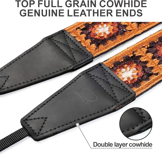 Padwa Lifestyle Yellow Crochet Camera Strap - 2" Full Grain Leather Ends Camera Straps for Photographers, Vintage Embroidered Cotton Soft Suede Fabric Padded Strap with Quick Release fits All Cameras - Image 2