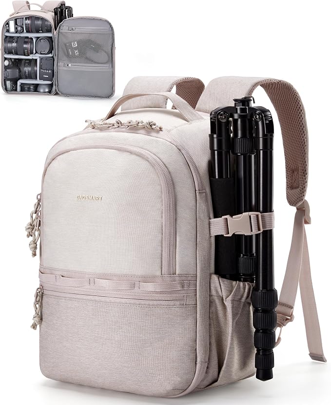 BAGSMART 2 in 1 Small Camera Backpack for DSLR, Fits 12.9" iPad, Beige | Small SLR Camera Bags for Photographers with Shoulder Strap, Compatible for Sony Canon Nikon, Travel Backpack for Men Women by BAGSMART