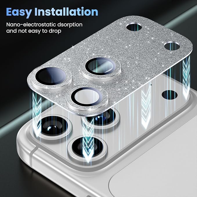 Uyiton for iPhone 17 Pro Max Camera Lens Protector, Metal Frame Glass Cover | Not Easy to Break, Strong Adsorption, Case-Friendly, Metal 9H Sapphire Glass Rear Camera Screen Cover, Glitter Silver - Image 7