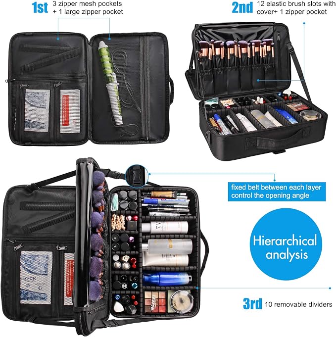 Relavel Travel Makeup Train Case Cosmetic Case Organizer Portable Artist Storage Bag with Adjustable Dividers for Cosmetics Makeup Brushes Toiletry Jewelry Digital Accessories - Image 3