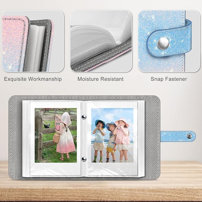 Fintie Mini Photos Album Book for 2x3 Inch Films - 52 Pockets Small Albums | For Fujifilm Instax Mini, Polaroid Hi-Print Pictures, Portable Kpop Photocard Holder, Travel Memory Book, Glitter Blue/Pink - Image 4