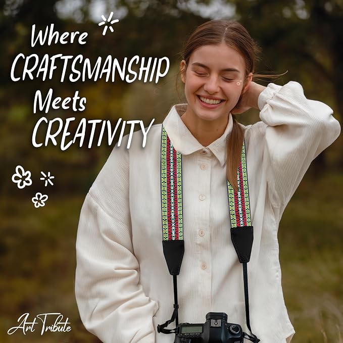 Art Tribute Camera Strap - Shoulder, Crossbody & Neck Camera Strap for Photographers, Fits All Cameras, Canon Nikon Sony Fujifilm, Padded Strap W/Quick Release, Embroidered Cotton & Leather Ends - Image 8