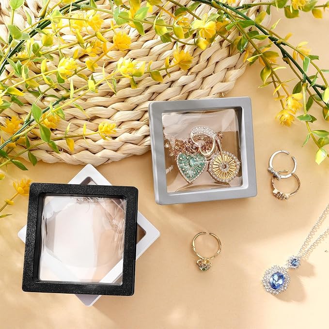 12 Pcs 3D Floating Frame Display Stand, Transparent Jewelry Gift Boxes | 2.75 x 2.75 x 0.8 Inch Small Jewelry Gift Boxes with PE Film, for Earrings Necklaces Rings Coins Specimens Crafts, 3 color - Image 3