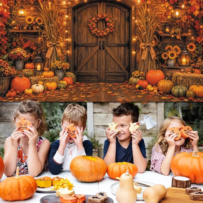 Rustic Barn Wooden Door Fall Backdrop 20x10ft Brick Wall Maple Leaf String Light Thanksgiving Background Pumpkin Sunflower Haystack Harvest Autumn Famliy Party Decorations Vinyl - Image 4