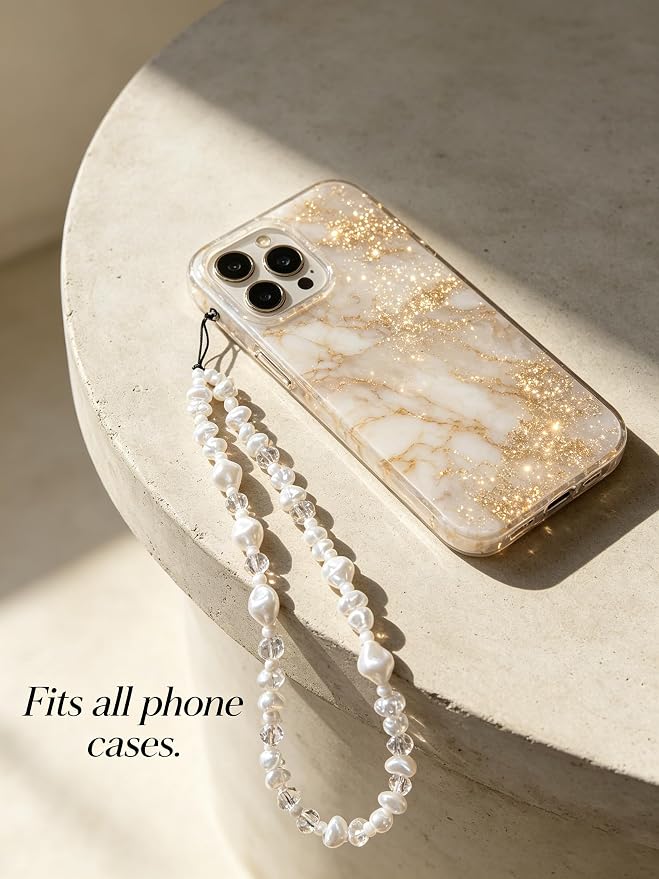 2 Pcs Phone Charm Strap Hand Wrist Strap Camera Lanyard Pearl Beaded Cute Chain String Accessories Universal for iPhone 17 Pro Max 16 15 14 for Samsung Women Girls Keychain Bag White Pearls and Bows - Image 5