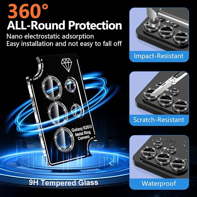for Samsung Galaxy S26 Ultra Camera Lens Protector, Individual Metal Ring Tempered Glass Lens Cover, [Strong Adsorption] Scratch Resistant Ultra-Thin HD Clear Lens Cover, 1 Set-Black Sparkly - Image 2