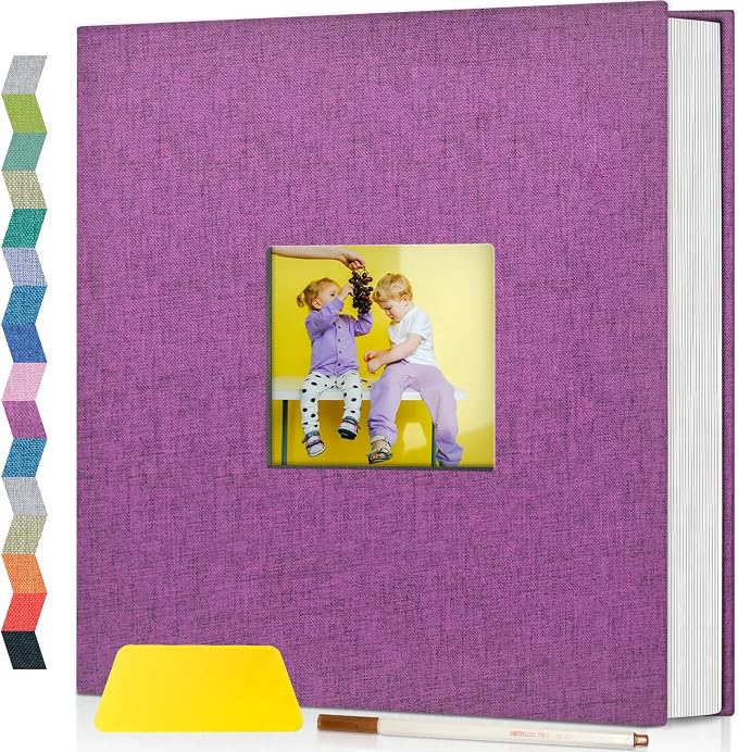 Popotop Photo Album Self Adhesive with Picture Display Window,60 Pages DIY Scrapbooking Supplies Kit for 4x6 10x12 Picture,Linen Cover Memory Book for Baby Wedding, with Scraper and Metallic Pen by Popotop