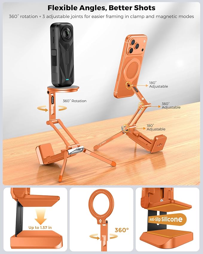 OMOTON TP02-Ultra Multi-Device Camera & Phone Mount with 1/4"Adapter Orange | Built-In 1/4" & Arca Base, Clamp, Magnetic & Tripod Setups for iPhone, Pocket/Action Cameras, Overhead & Low-Angle Filming - Image 8