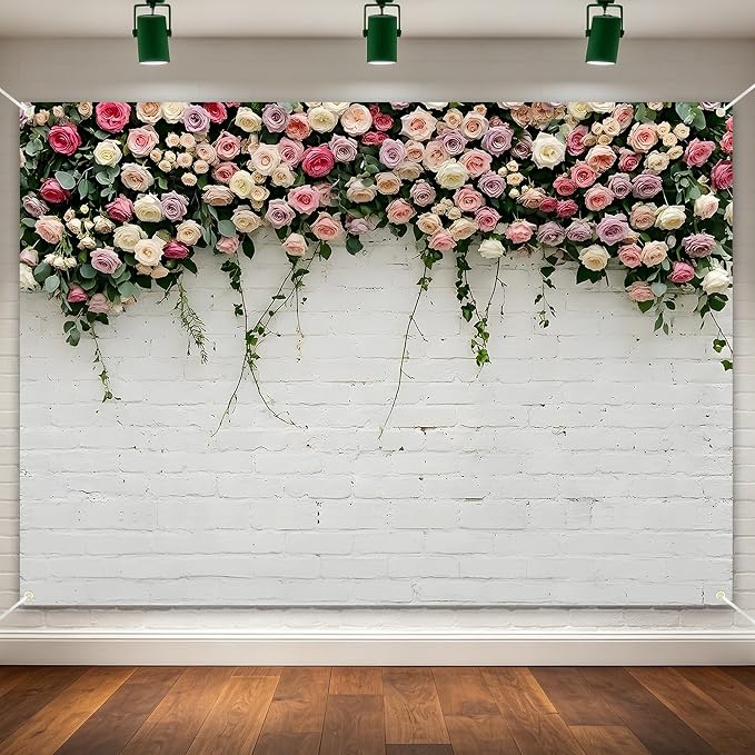 7x5ft White Brick Floral Backdrop for Photoshoot Flower Wall Backdrop | Spring Garden Hanging Flowers Photography Background for Mother's Day, Bridal Shower, Baby Shower by Dormirpilow