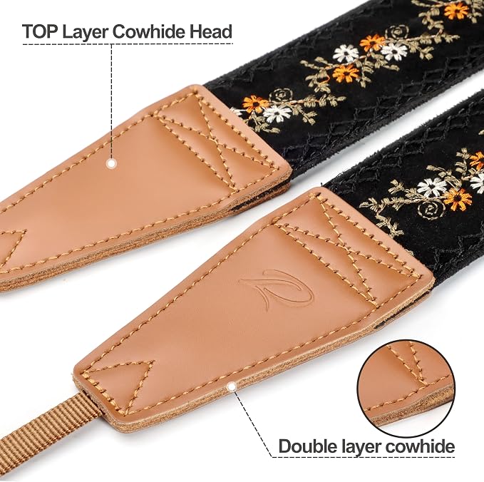Padwa Lifestyle Camera Strap - 2" Full Grain Leather Ends Camera Straps for Photographers, Vintage Embroidered Cotton Weave Soft Suede Fabric Padded Strap Quick Release fits All Cameras - Image 2