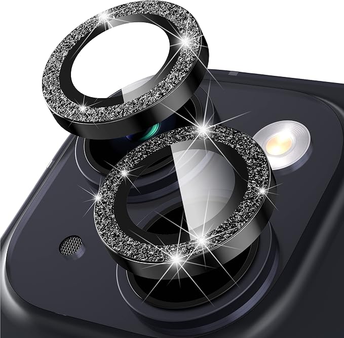 Suoman for iPhone 14 6.1 inch / 14 Plus 6.7 inch Camera Lens Protector, 9H Tempered Glass Film, Metal Frosted Independent Protective Cover [Glitter Diamonds] - Black by Suoman