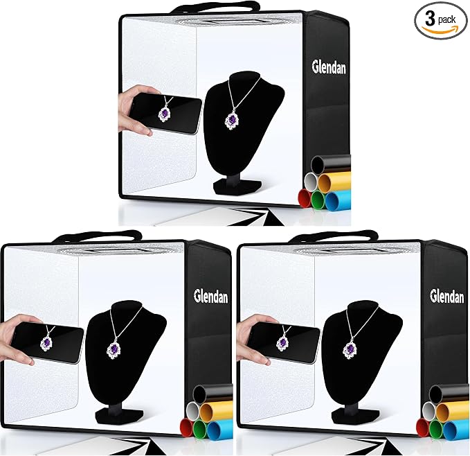 Glendan Portable Photo Studio Light Box,12"x12" Professional Dimmable Shooting Tent Kit with 112 LED Lights & 6 Backdrops for Jewelry and Small Items Product Photography (Pack of 3) by Glendan
