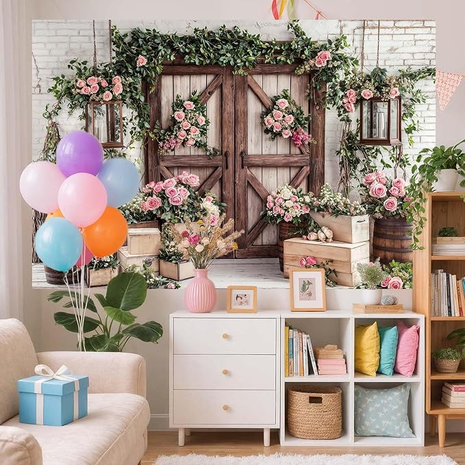 15x10ft Country Wedding Photography Backdrop Floral Rustic Roses Farmhouse Wooden Door Backdrop Pink Flower Birthday Baby Shower Wedding Bridal Party Banner Photo Booth Props Anniversary Background - Image 4