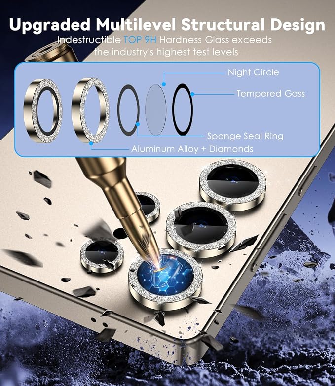 CloudValley for Samsung Galaxy S25 Ultra Camera Lens Protector Bling | 9H Tempered Glass + Aluminum Alloy Lens Protective [Glitter Decoration] Ultra-HD Camera Cover,Glitter Titanium Gray - Image 2