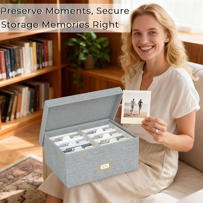 Decorative Photo Storage Box, Linen Photo Box Holds 1700 5x7 Pictures Grey | Photo Storage Containers with 8 Dividers, Memory Keepsake Organizer for Photos, Scrapbook Supplies, Cards, Stamps,Archive Box - Image 5