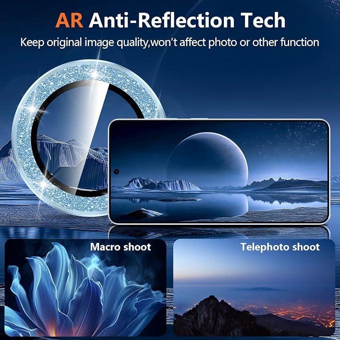 for Samsung Galaxy S26 Ultra Camera Lens Protector, Individual Metal Ring Tempered Glass Lens Cover, [Strong Adsorption] Scratch Resistant Ultra-Thin HD Clear Lens Cover, 1 Set-Blue Sparkly - Image 3
