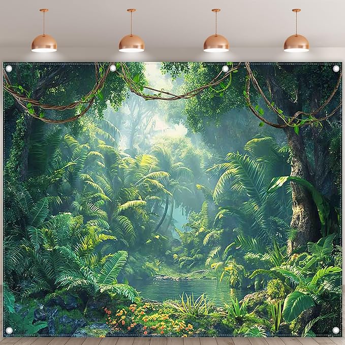 Fabric 10x8ft Jungle Forest Photography Backdrop Rainforest Banner | Tropical Natural Scenery River Background, Summer Adventure Party Decorations, Kids Adult Photo Props, Polyester, Grommets - Image 2