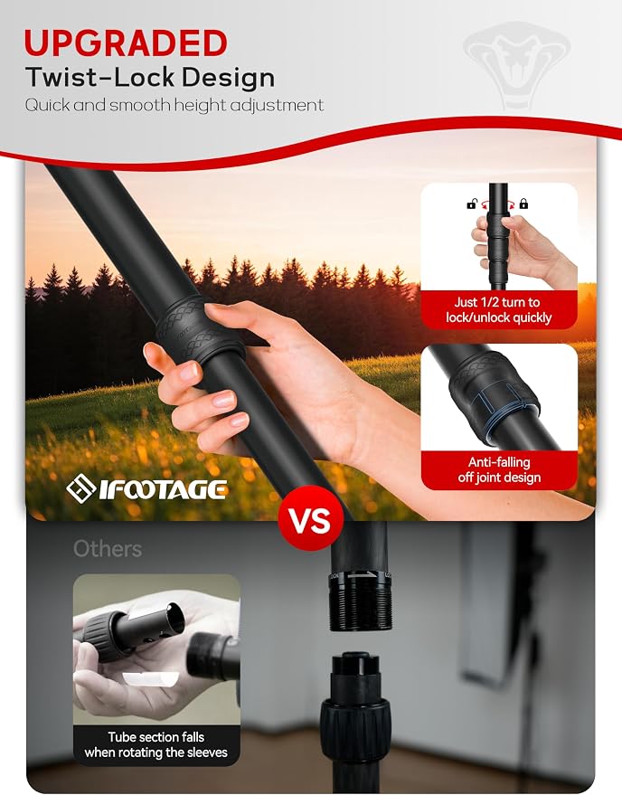 IFOOTAGE Cobra 3 A180T Aluminum Camera Monopod 71" | Telescopic Video Monopod with Feet Compatible with Sony Canon Nikon DSLR Cameras, Payload 17.6lb - Image 2