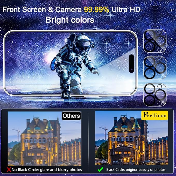 Ferilinso 3 Pack Screen Protector for iPhone 15 Pro Max, Tempered Glass | 9H+ Hardness, Military-Grade Shatterproof, HD Clear, Case Friendly, Easy Installation Bubble Free, with Camera Lens Protector - Image 6