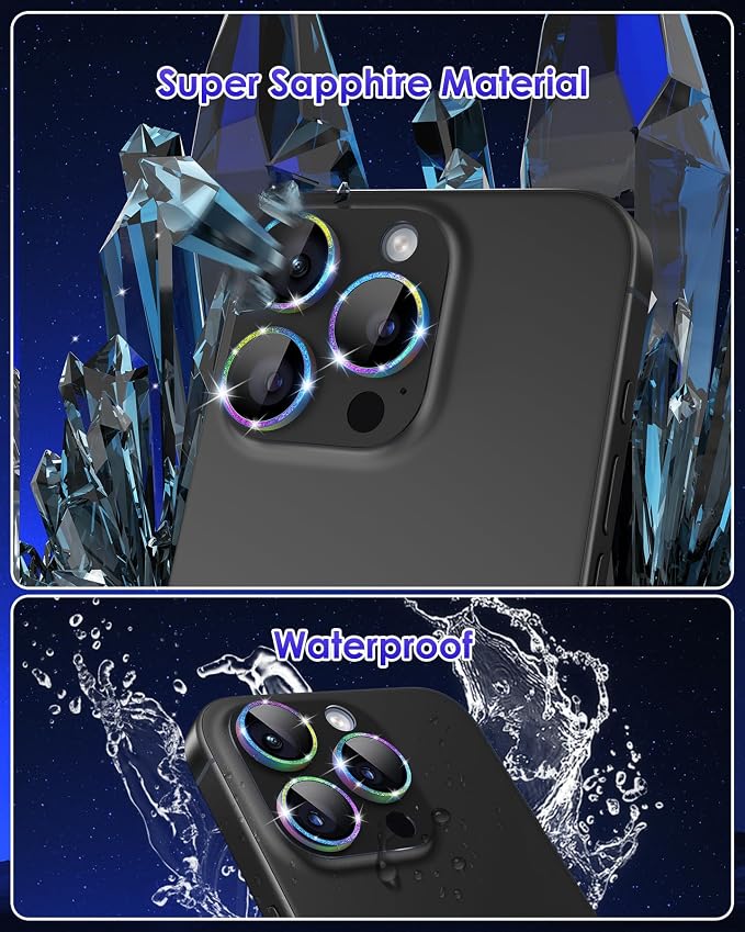 Compatible for iPhone 16 Pro Max/iPhone 16 Pro/iPhone 14 Pro/iPhone 14 Pro Max Camera Lens Protector Glitter, Clear 9H Tempered Glass Glitter Silver+Silver - Image 4