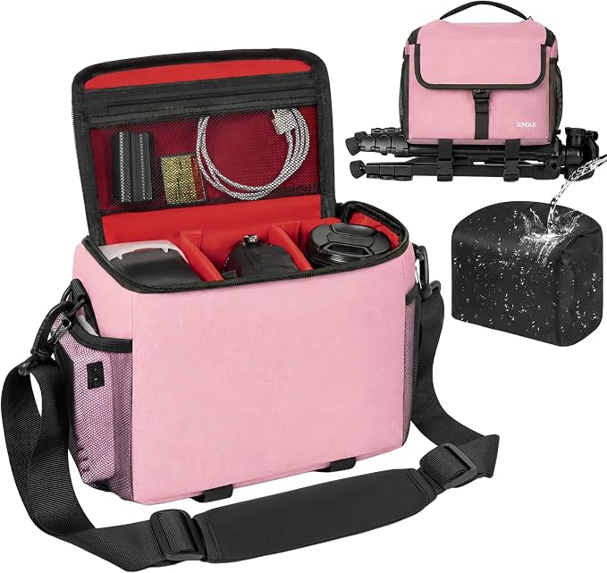 Camera Carrying Case, Camera Storage Bags Anti-Shock Crossbody Camera Case | Compatible for Canon, Nikon, Sony, Fuji DSLR/SLR/Mirrorless Cameras, Lens and Accessories, 9''× 4.7''× 7.5'', Pink by GMAK