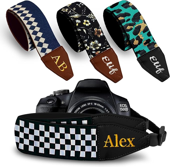 Art Tribute Custom Black White Checkers Camera Strap - Add Your Text and We Make It Especially For You Get Your Own Personalized Stocking Stuffer & Christmas Gift Camera Strap, No Shipping Cost! by ArtTribute