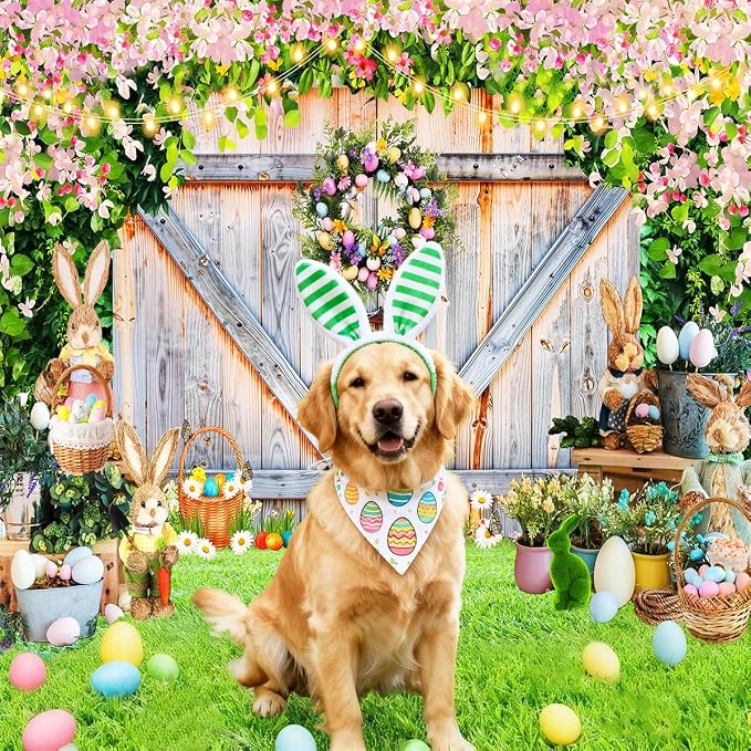 Easter Photo Backdrop for Photography, 8x6ft | Spring Wall Background for Photoshoot, Green Grass, Bunny Eggs, Rustic Barn Door, for Outdoor, Family Party Decorations - Image 3