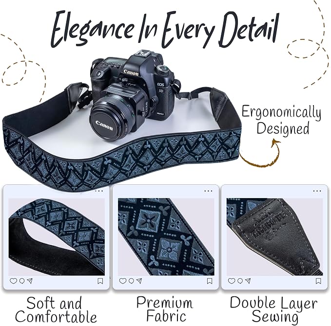 Art Tribute Camera Strap - Shoulder, Crossbody & Neck Camera Strap for Photographers, Fits All Cameras, Canon Nikon Sony Fujifilm, Padded Strap W/Quick Release, Embroidered Cotton & Leather Ends - Image 3