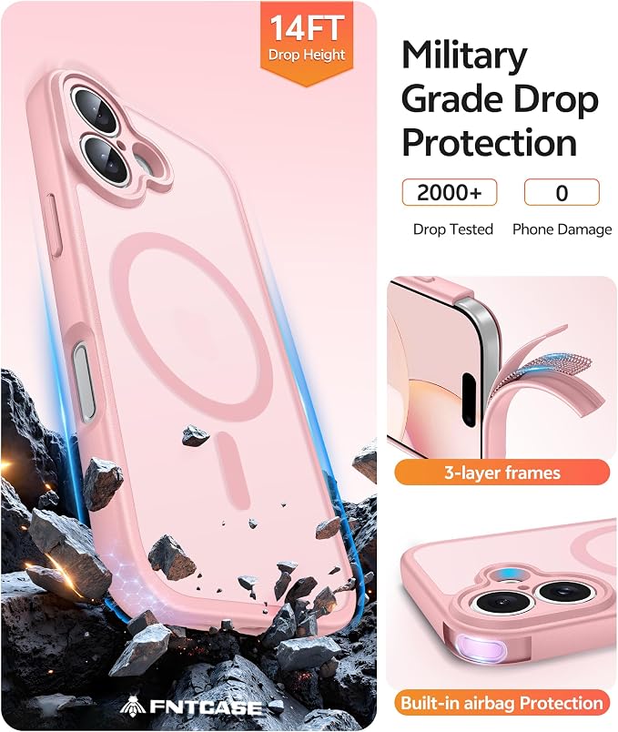 FNTCASE for iPhone 16 Case, Fit for Magsafe, Screen Protector, Light Pink | Full Camera Protection, Translucent Matte, 14FT Military Grade Drop Proof, Shockproof Protective Phone Cover - Image 5