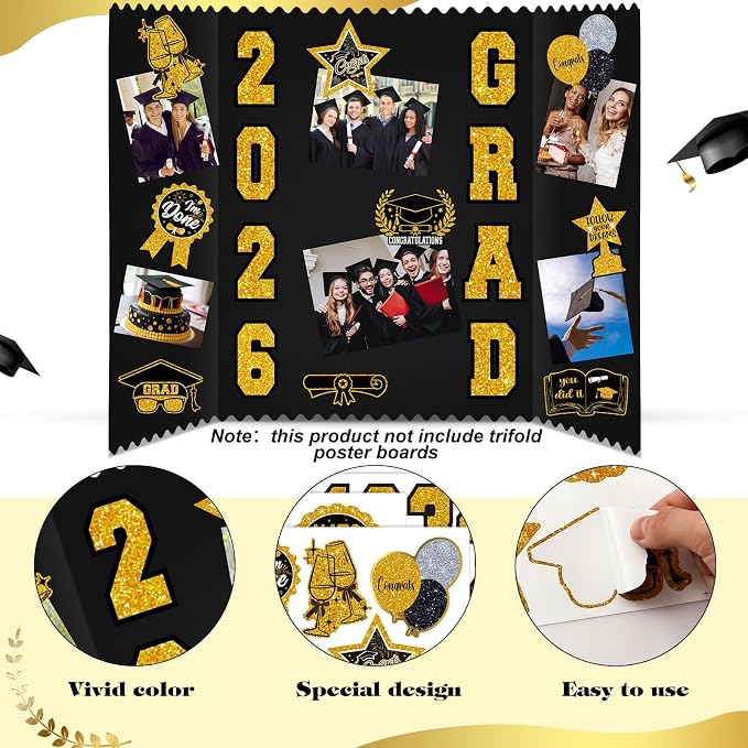 Glenmal 28 Sheets Graduation Photo Display Board Sticker Class of 2026 Black Gold Picture Display Stickers Accessories for 2026 Grad Party College Board Photo Frame Decor - Image 3