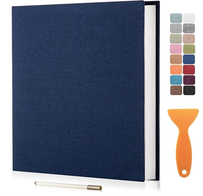 Large Photo Album Self Adhesive Scrapbook Album for 4×6 5×7 8×10 Pictures DIY Magnetic Linen Cover Album 40 Pages for Family Wedding Gifts with Metal Pen and Plastic Board Dark Blue by HenPisen