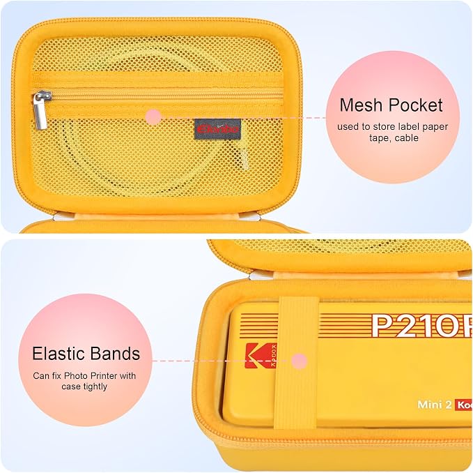 Elonbo Carrying Case for KODAK Mini 2 Retro 2x3 Portable Photo Printer | Bluetooth Smartphone Instant Color Printer Hard Travel Protective Bag, Mesh Pocket fits Cartridge Photo Paper Sheets, Yellow - Image 3