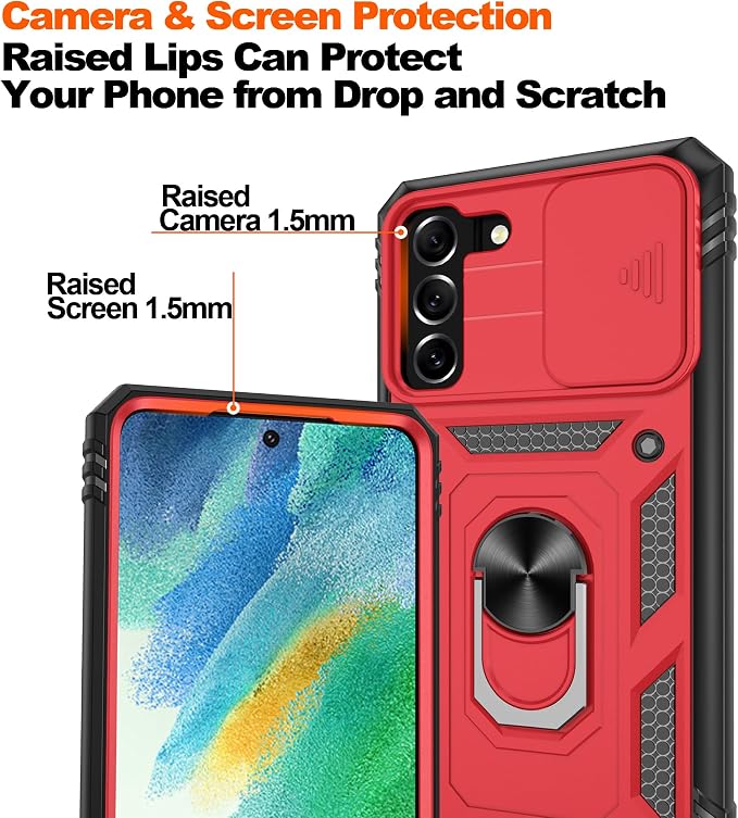 Gritup for Samsung Galaxy S21 FE 5G Case with 2PCS Screen Protector, Build in 360° Rotating Ring Kickstand, Military Grade Protective Case for S21 FE Phone, Red - Image 5