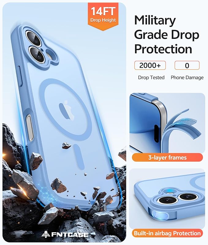 FNTCASE for iPhone 17 Case, Compatible with Magsafe, Glass Screen Protector | Full Camera Protection, Translucent Matte, 14FT Military Grade Drop Proof, Shockproof Protective Phone Cover, Light Blue - Image 5