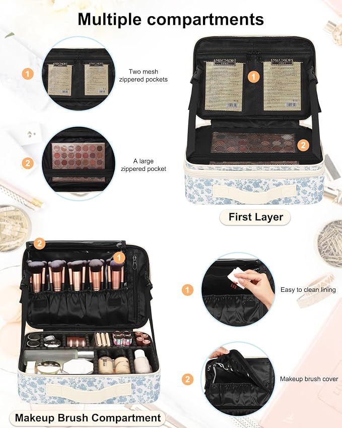Relavel Makeup Bag Travel Train Case for Women and Girls, Cute Cosmetic Storage Organizer Box Portable Shoulder Bag with Adjustable Dividers and Makeup Brush Comparment, Floral Print - Image 3