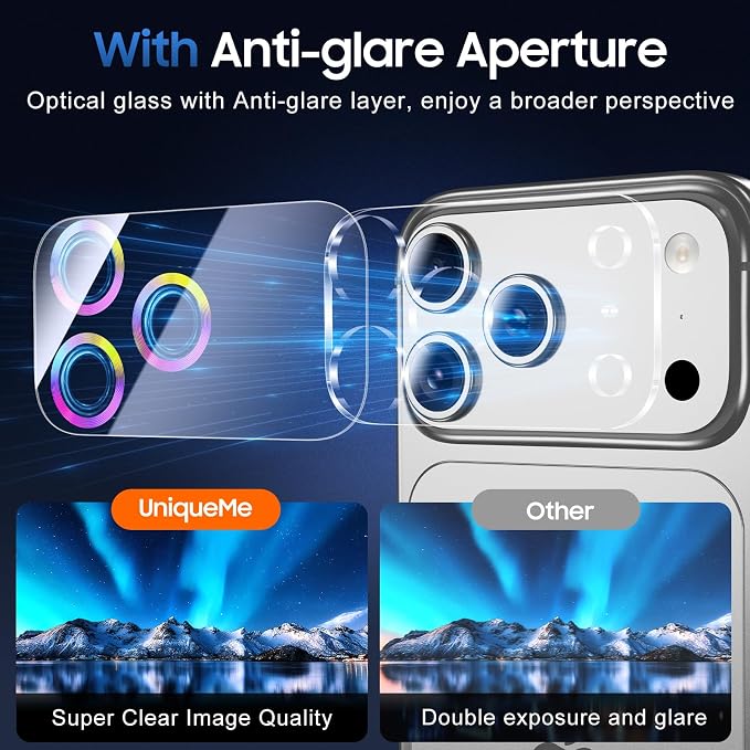UniqueMe 3 Pack for iPhone 17 Pro Max Camera Lens Protector - Colorful | Drop Protection, Case Friendly, 9H Tempered Glass, Camera Cover Screen, Update New Version - Image 4
