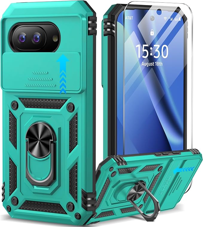 Taisairu for Google Pixel 10A Case with Screen Protector & Slide Camera Lens Cover,Built-in 360°Rotate Magnetic Ring Stand Shockproof Protective Phone Case for Google Pixel 10A Case (Mint Green) by Taisairu